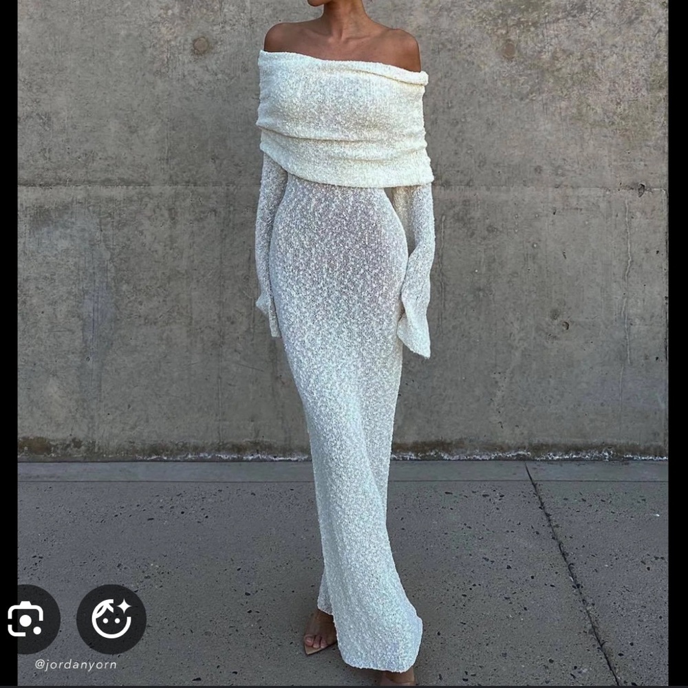 MESHKI Marisol Off Shoulder Boucle Maxi Dress - Ivory M